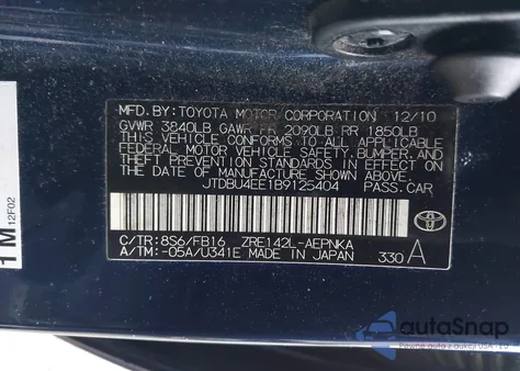 2011 Toyota Corolla Le из США, поврежденный, VIN JTDBU4EE1B9125404